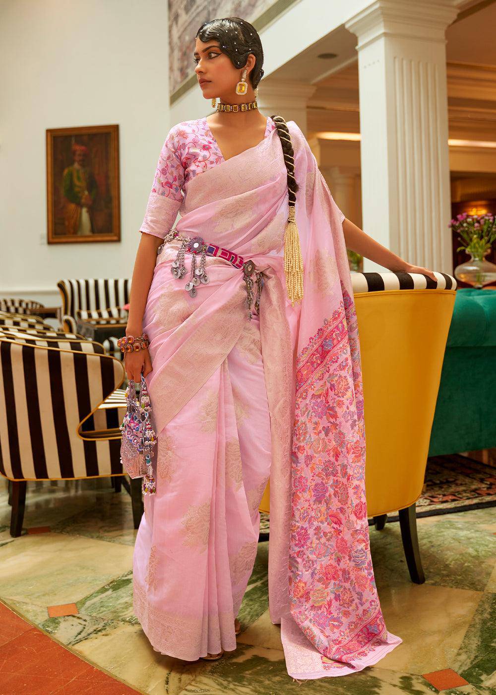 Baby Pink Handloom Woven Silk Saree with Kashmiri Pallu | Stitched Blouse - qivii