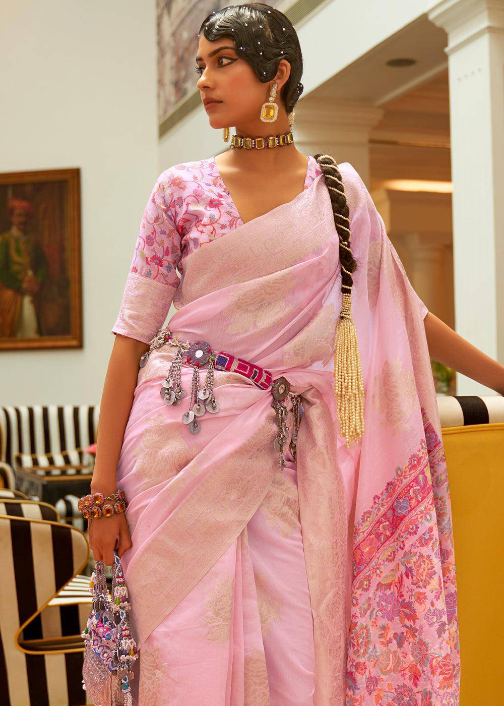 Baby Pink Handloom Woven Silk Saree with Kashmiri Pallu | Stitched Blouse - qivii