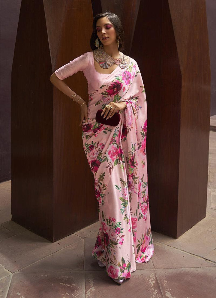 Baby Pink Satin Crepe Floral Saree  - By Kreeva