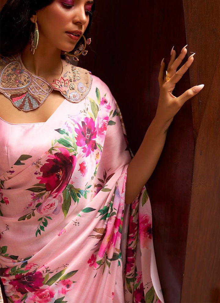 Baby Pink Satin Crepe Floral Saree  - By Kreeva