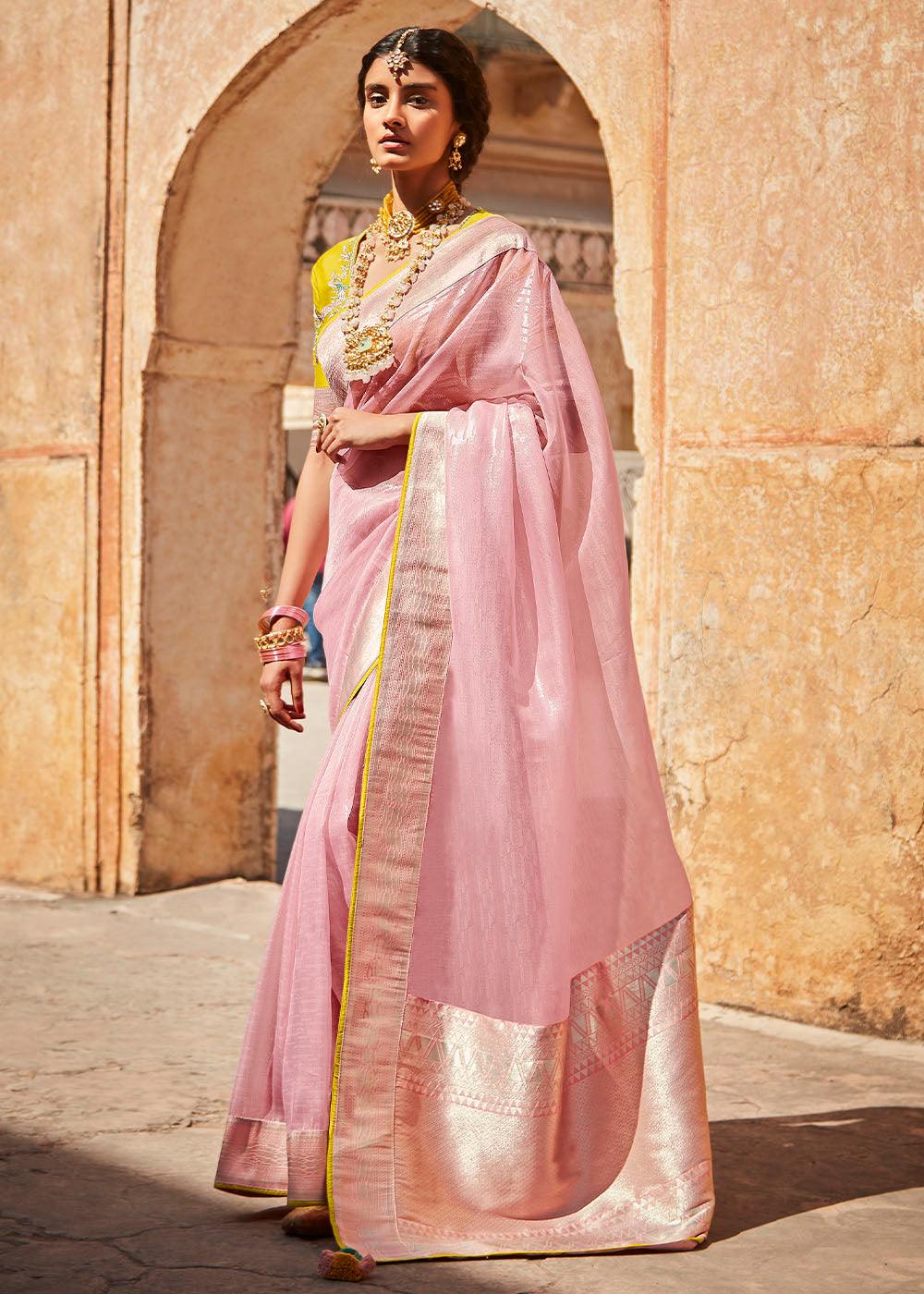 Baby Pink Woven Silk Saree with Embroidered Blouse | Stitched Blouse - qivii