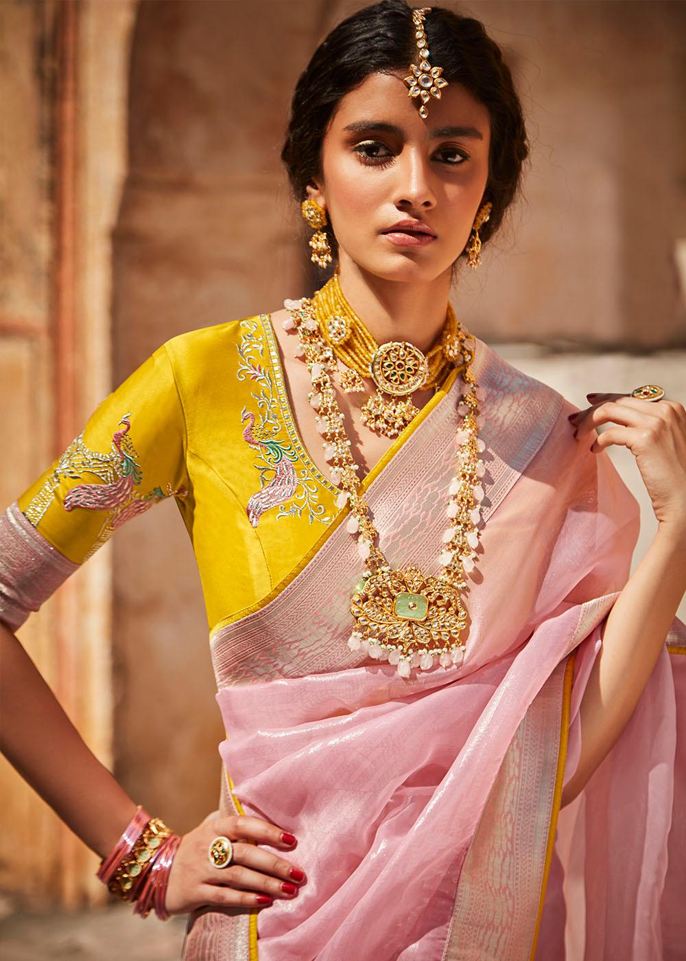 Baby Pink Woven Silk Saree with Embroidered Blouse | Stitched Blouse - qivii