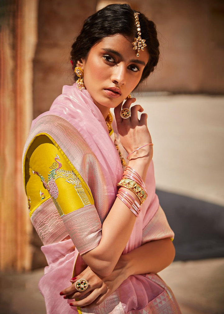 Baby Pink Woven Silk Saree with Embroidered Blouse | Stitched Blouse - qivii