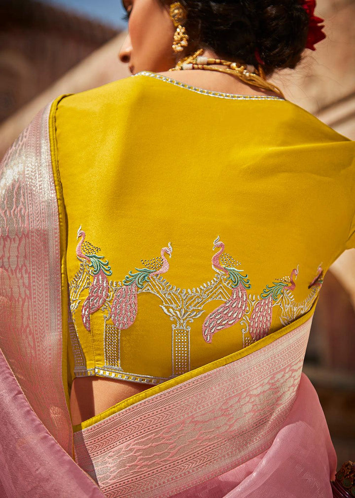 Baby Pink Woven Silk Saree with Embroidered Blouse | Stitched Blouse - qivii