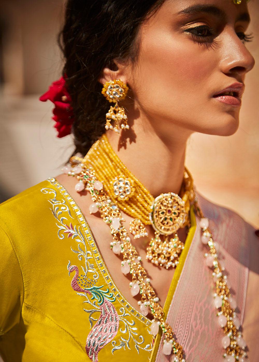 Baby Pink Woven Silk Saree with Embroidered Blouse | Stitched Blouse - qivii