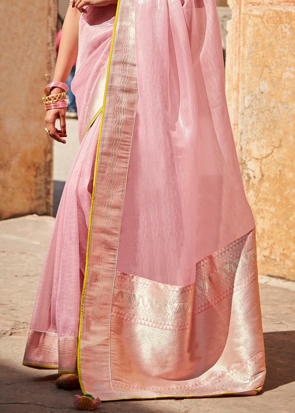 Baby Pink Woven Silk Saree with Embroidered Blouse | Stitched Blouse - qivii