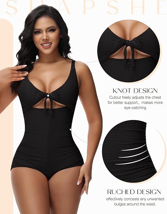 Women's Tummy Control Swimsuit Cutout Tie Knot Front Push Up Shapewear Bathing Suit  - By Qivii