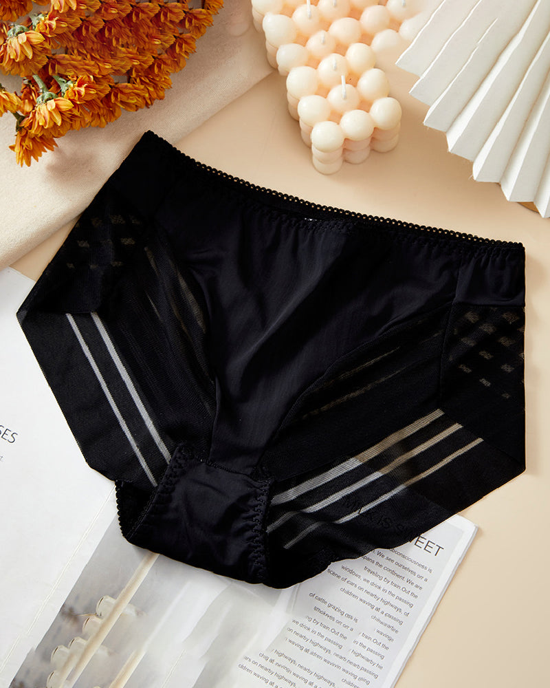 Women's Sexy Seamless Hollow Stripe Mesh Underwear Mid Waist Thong Shaping Briefs  - By Qivii