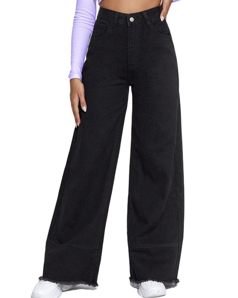 Wide-leg Jeans High Waist Patchwork Raw Edge Loose Trousers  - By Qivii