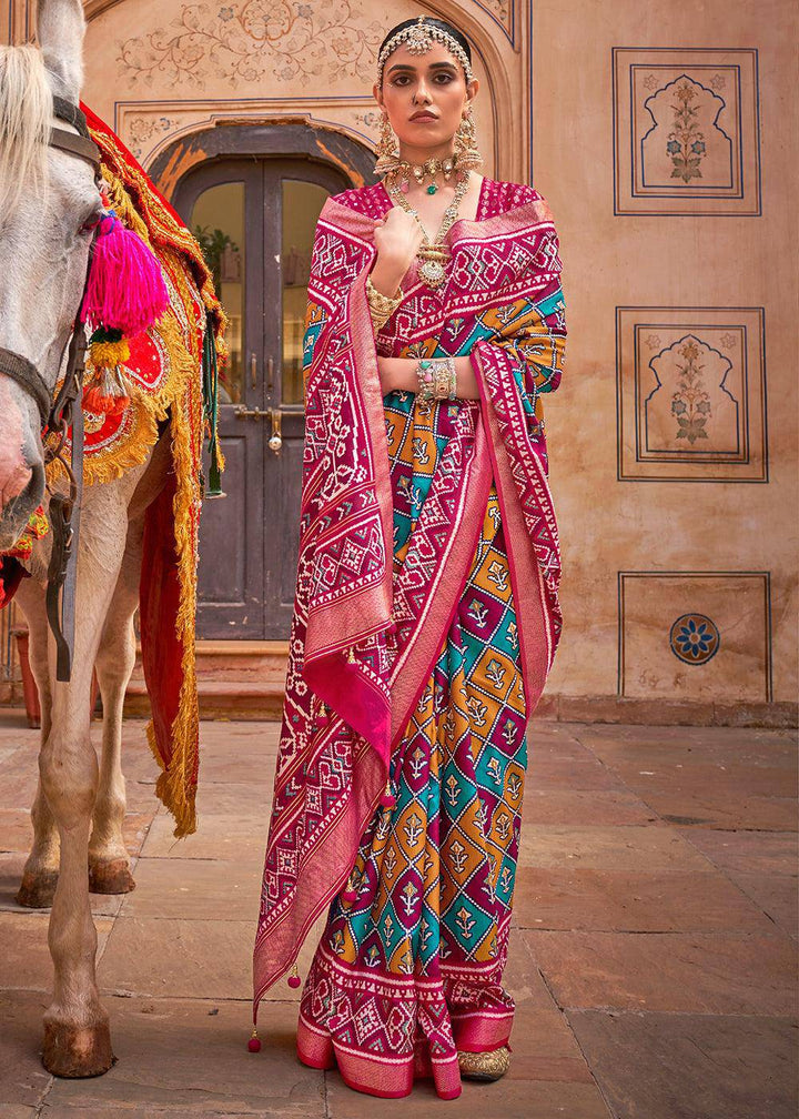 Barbie Pink Patola Printed Designer Silk Saree | Stitched Blouse - qivii