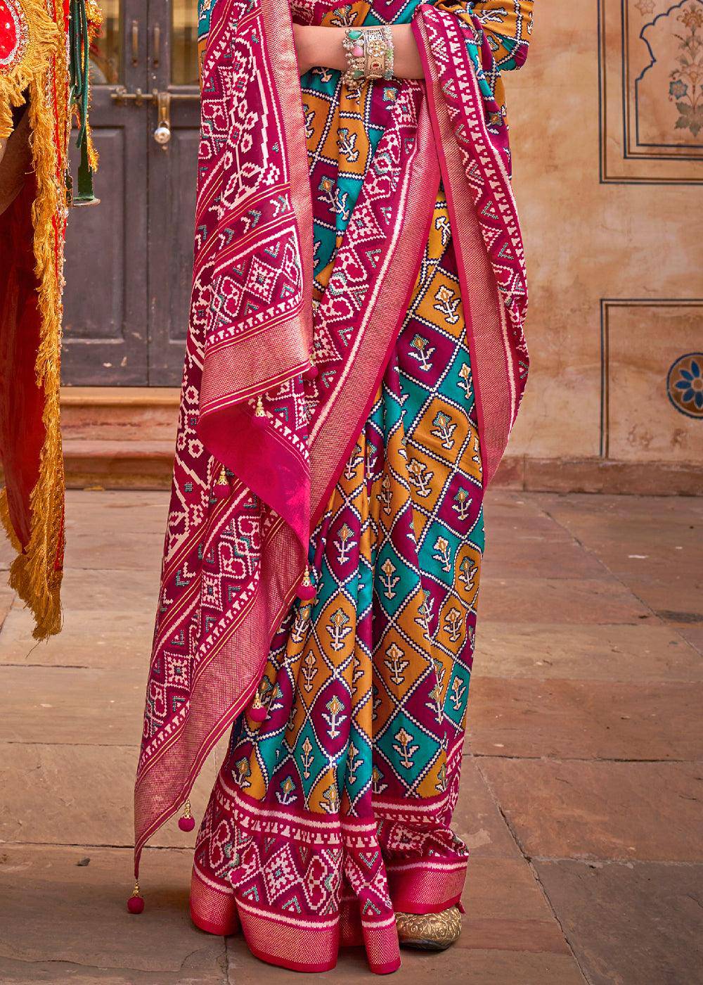 Barbie Pink Patola Printed Designer Silk Saree | Stitched Blouse - qivii