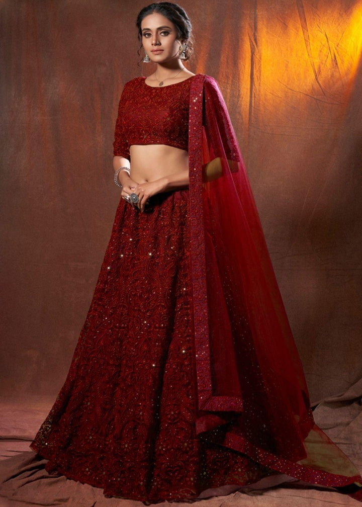 Barn Red Designer Soft Net Lehenga Choli with Thread & Sequins work - qivii