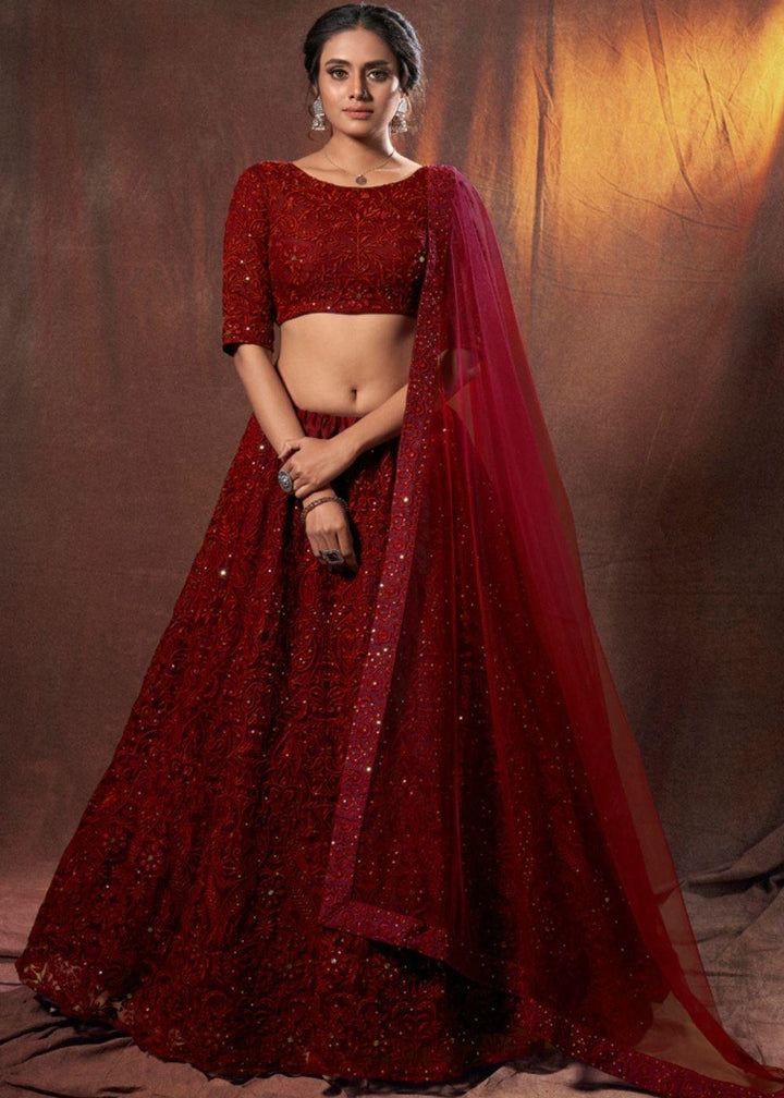 Barn Red Designer Soft Net Lehenga Choli with Thread & Sequins work - qivii