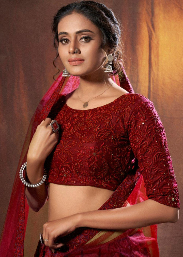 Barn Red Designer Soft Net Lehenga Choli with Thread & Sequins work - qivii