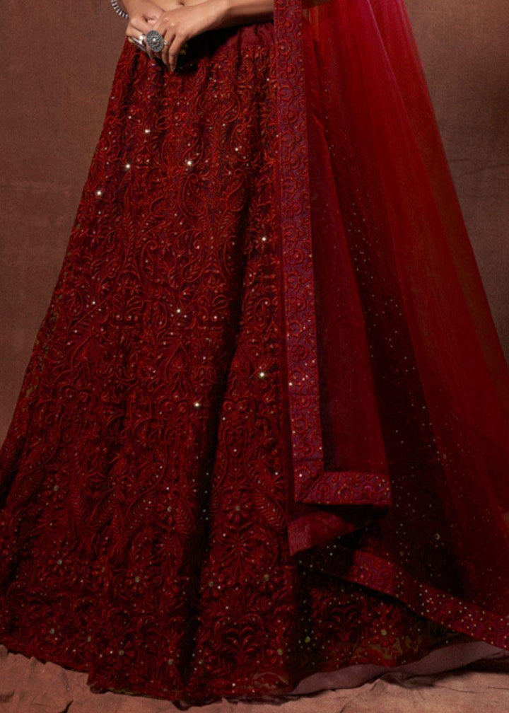 Barn Red Designer Soft Net Lehenga Choli with Thread & Sequins work - qivii