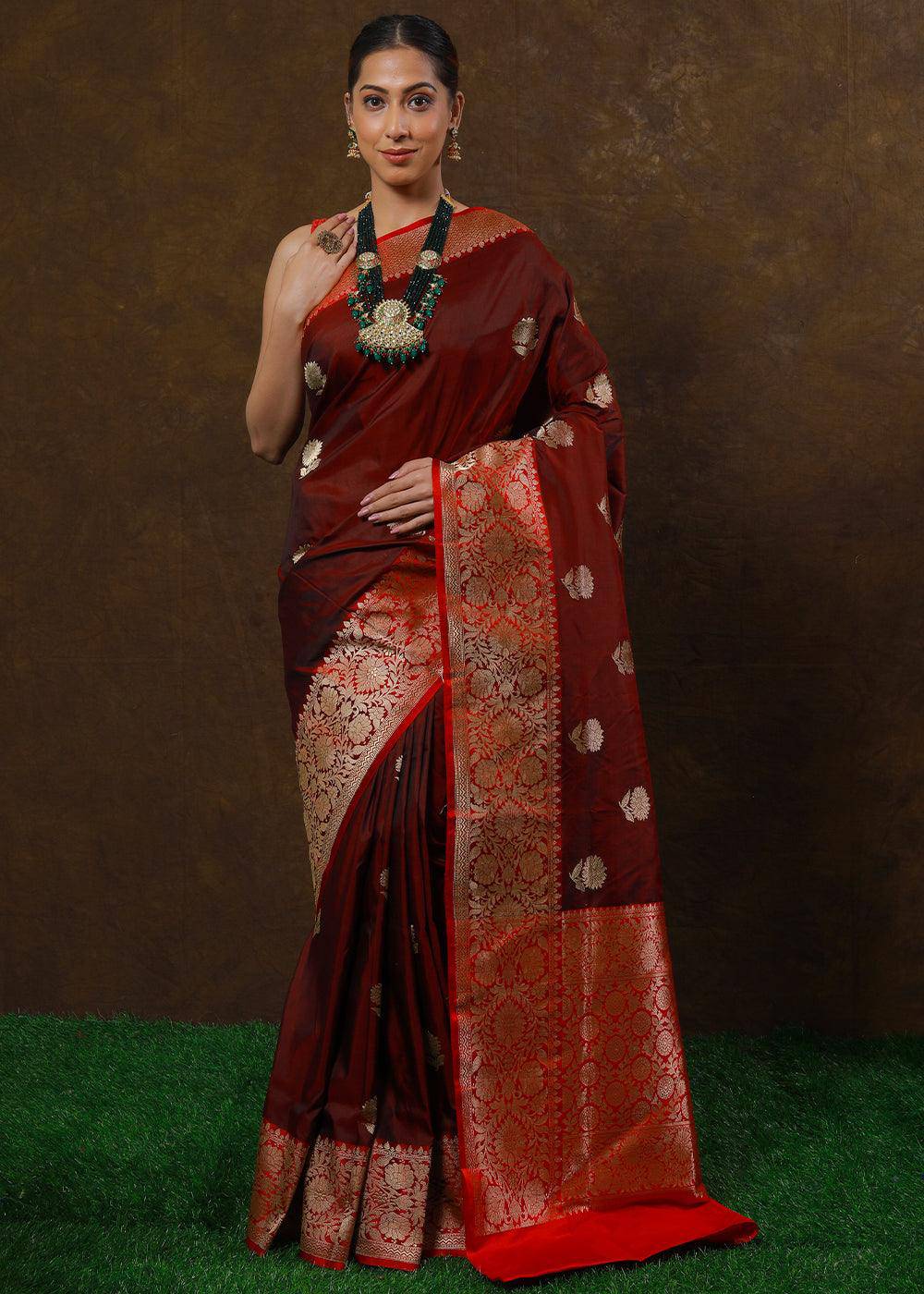 Barn Red Hand Woven Pure Katan Silk Saree | Stitched Blouse - qivii