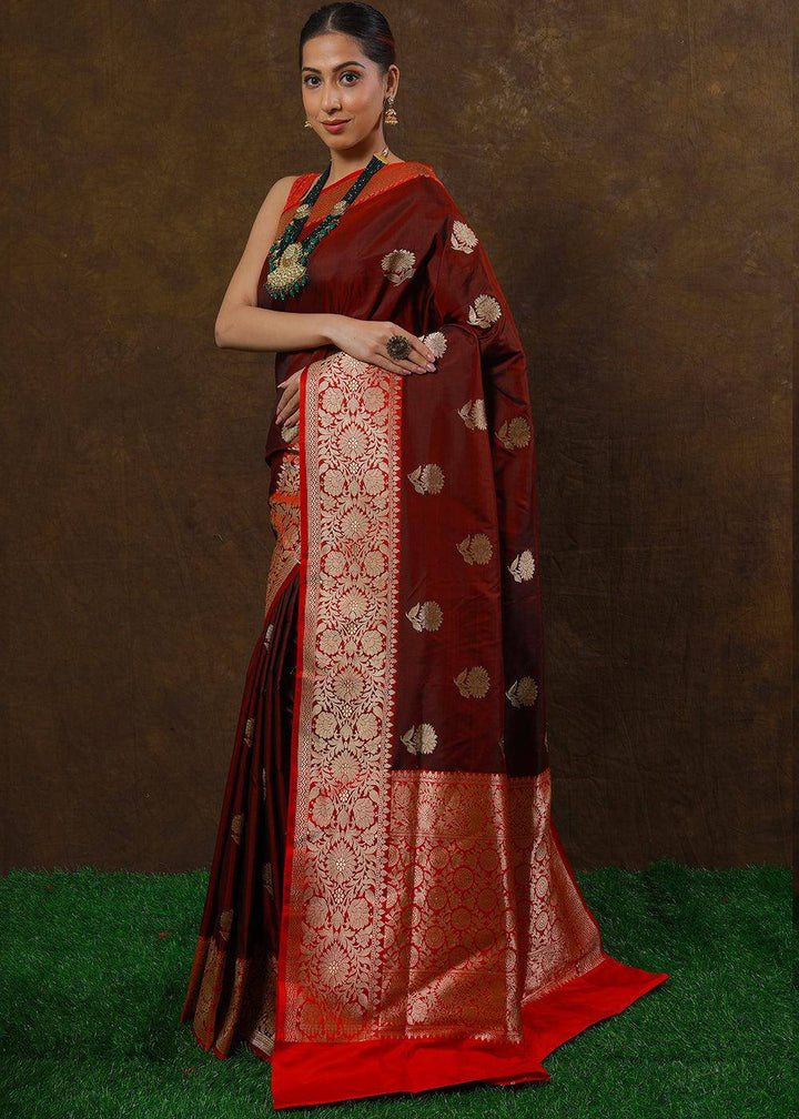 Barn Red Hand Woven Pure Katan Silk Saree | Stitched Blouse - qivii