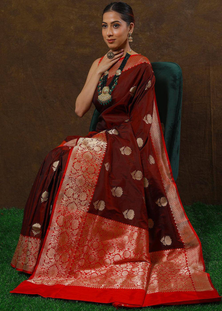 Barn Red Hand Woven Pure Katan Silk Saree | Stitched Blouse - qivii