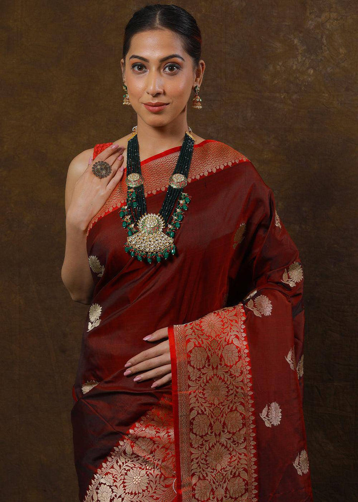 Barn Red Hand Woven Pure Katan Silk Saree | Stitched Blouse - qivii