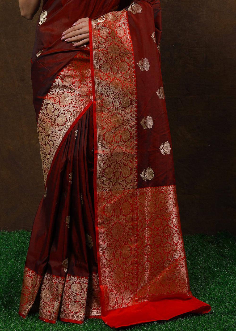 Barn Red Hand Woven Pure Katan Silk Saree | Stitched Blouse - qivii