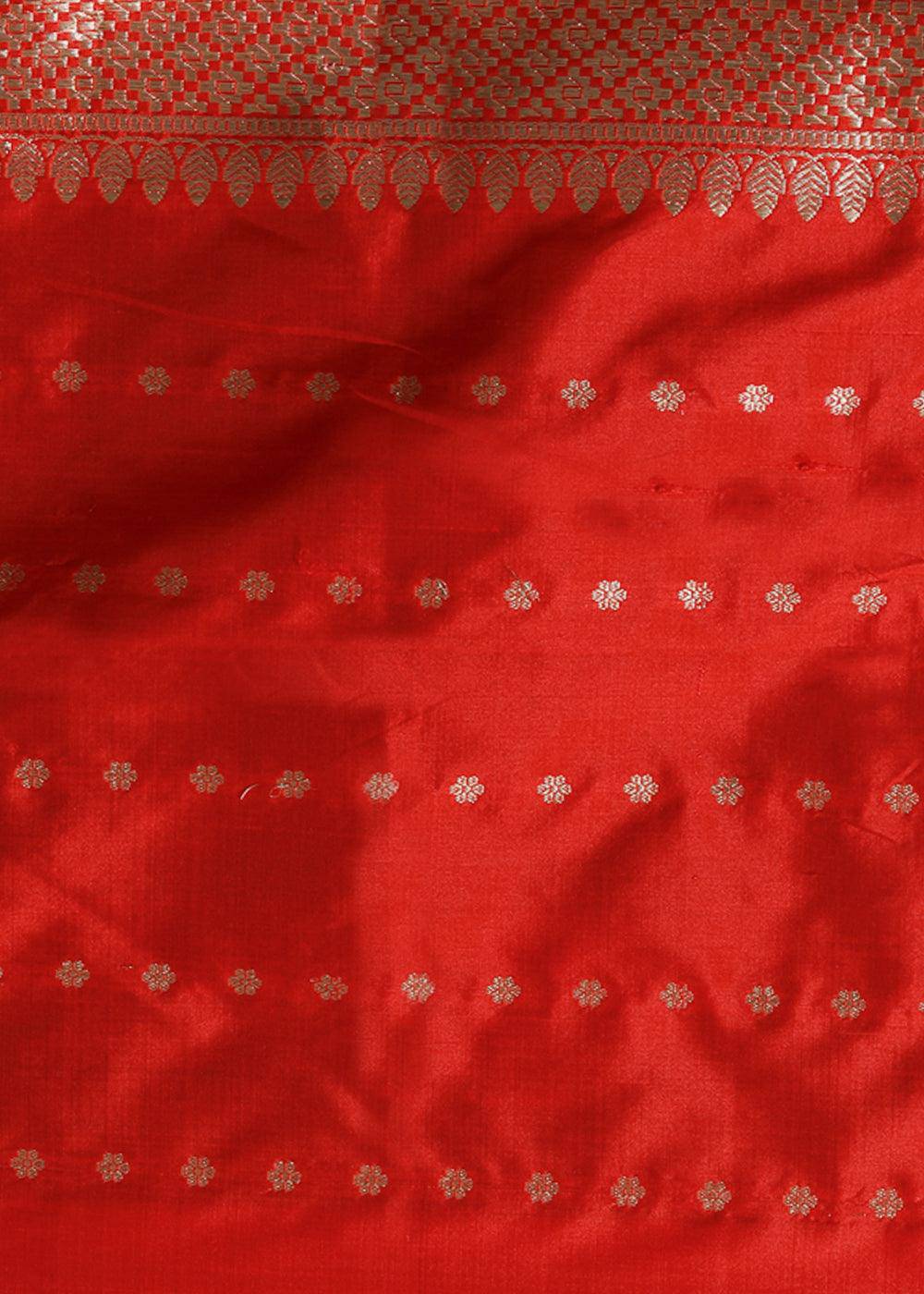 Barn Red Hand Woven Pure Katan Silk Saree | Stitched Blouse - qivii