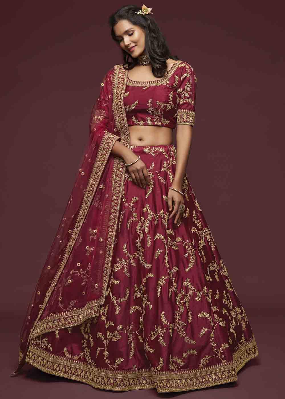 Barn Red Silk Lehenga Choli with Thread,Zari,Dori & Sequins work - qivii