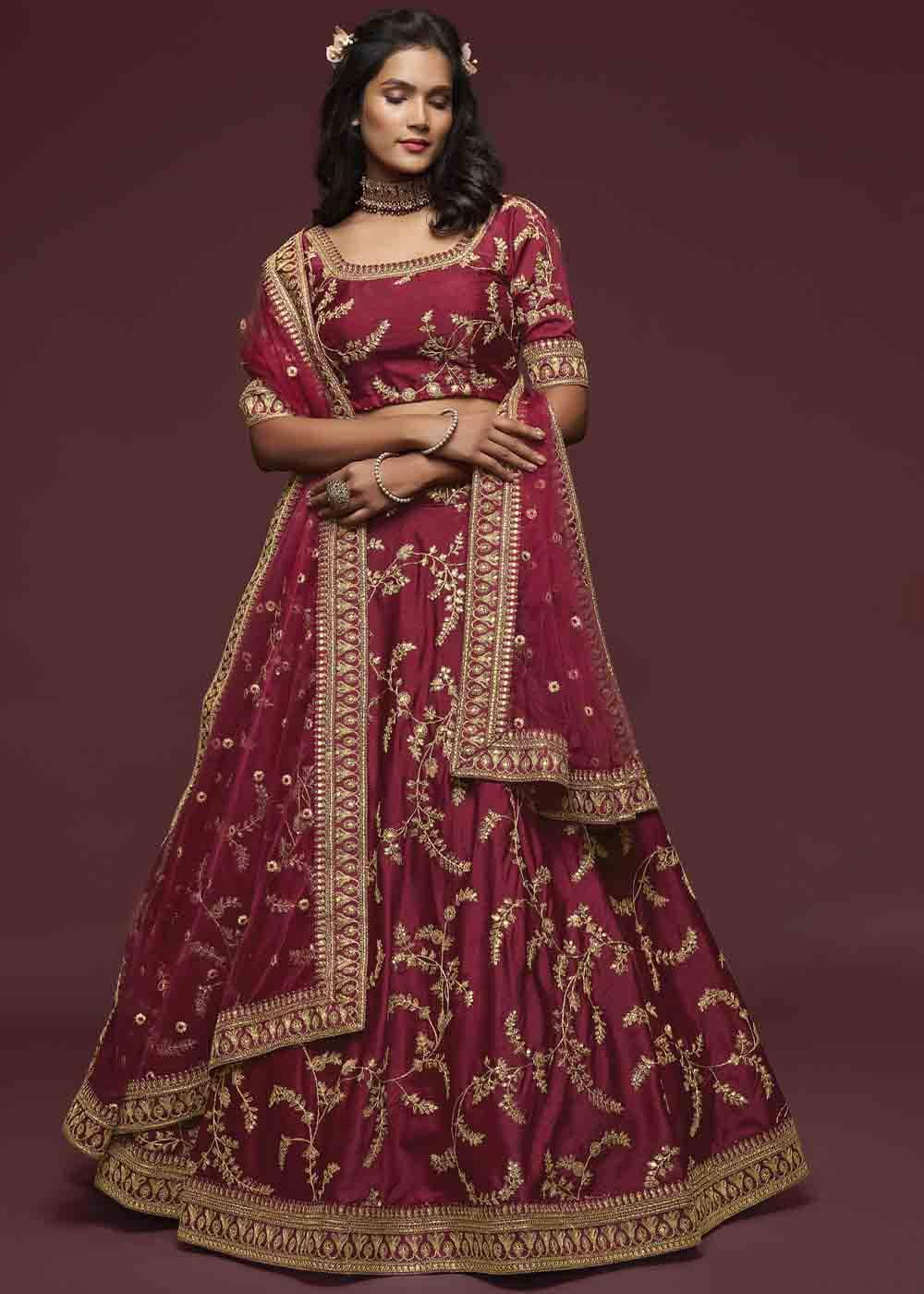 Barn Red Silk Lehenga Choli with Thread,Zari,Dori & Sequins work - qivii