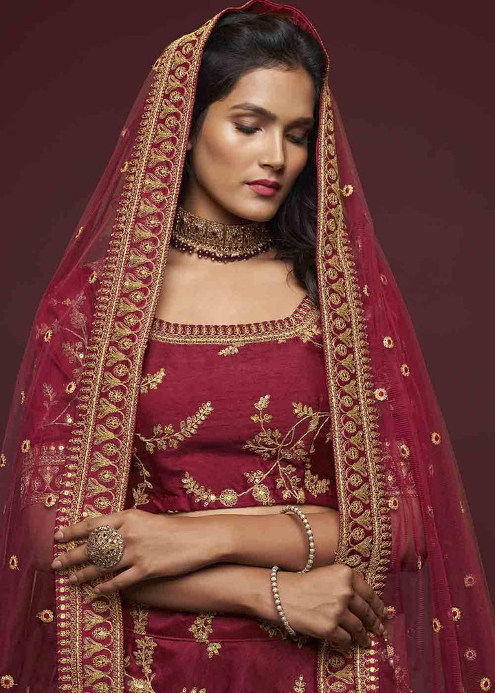 Barn Red Silk Lehenga Choli with Thread,Zari,Dori & Sequins work - qivii