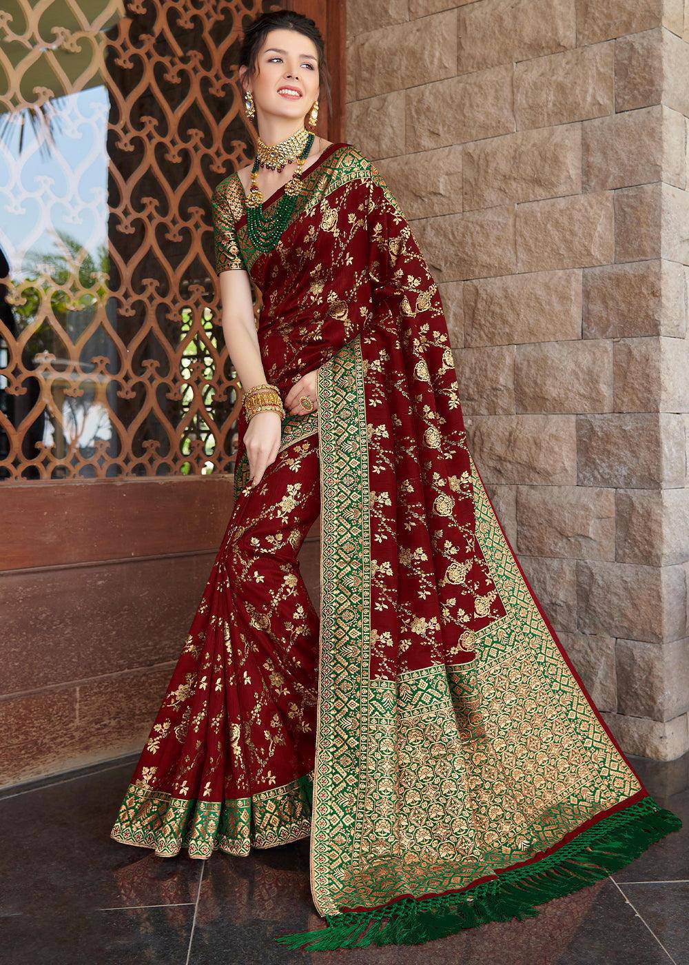 Barn Red Zari Woven Banarasi Silk Saree with Brocade Blouse | Stitched Blouse - qivii