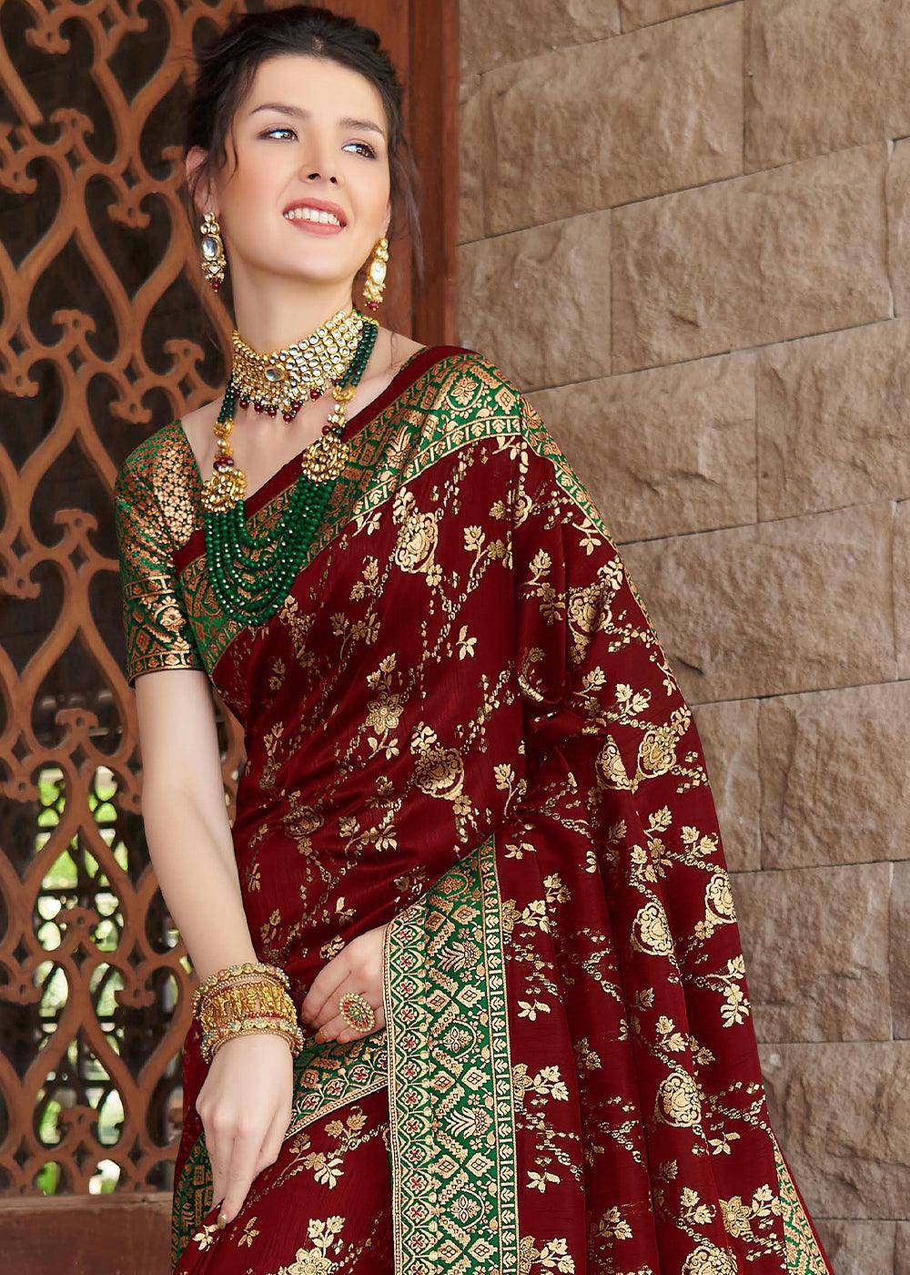 Barn Red Zari Woven Banarasi Silk Saree with Brocade Blouse | Stitched Blouse - qivii