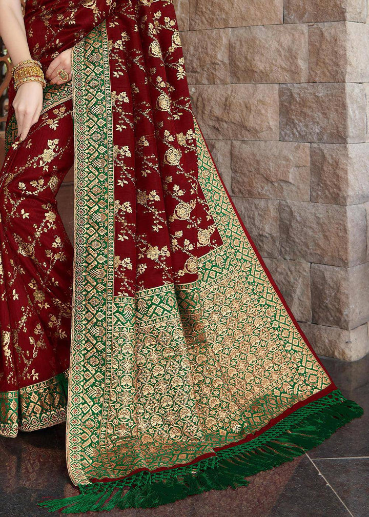 Barn Red Zari Woven Banarasi Silk Saree with Brocade Blouse | Stitched Blouse - qivii