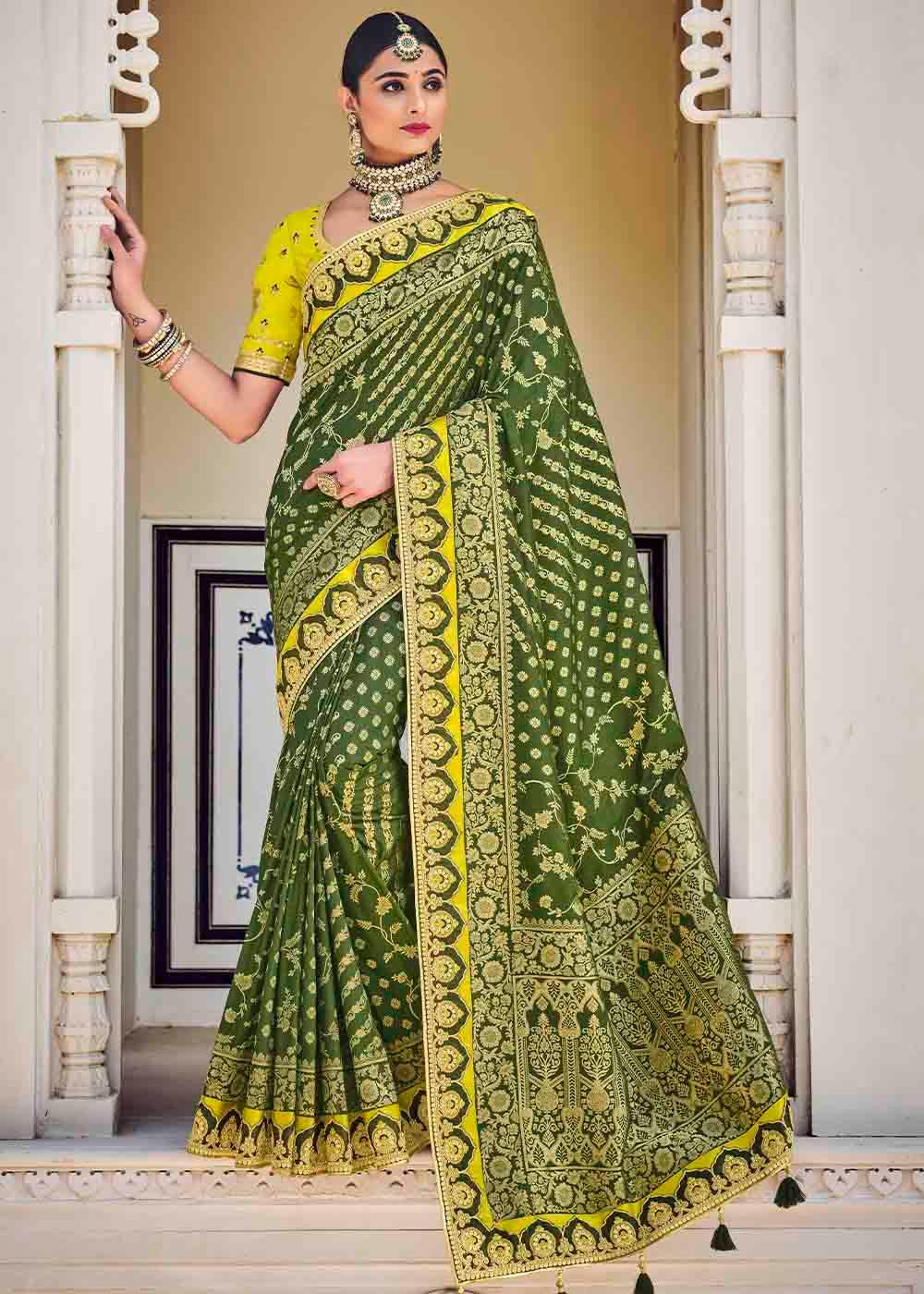 Basil Green Floral Zari Woven Banarasi Silk Saree with Embroidered Blouse | Stitched Blouse - qivii