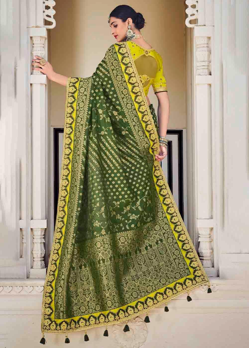 Basil Green Floral Zari Woven Banarasi Silk Saree with Embroidered Blouse | Stitched Blouse - qivii