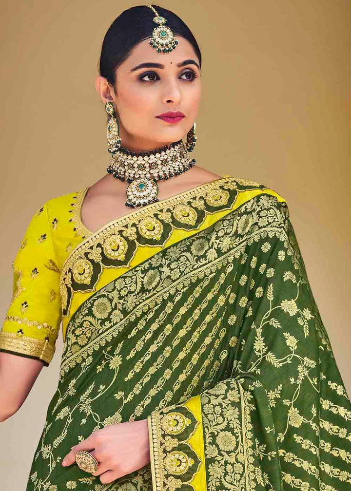 Basil Green Floral Zari Woven Banarasi Silk Saree with Embroidered Blouse | Stitched Blouse - qivii