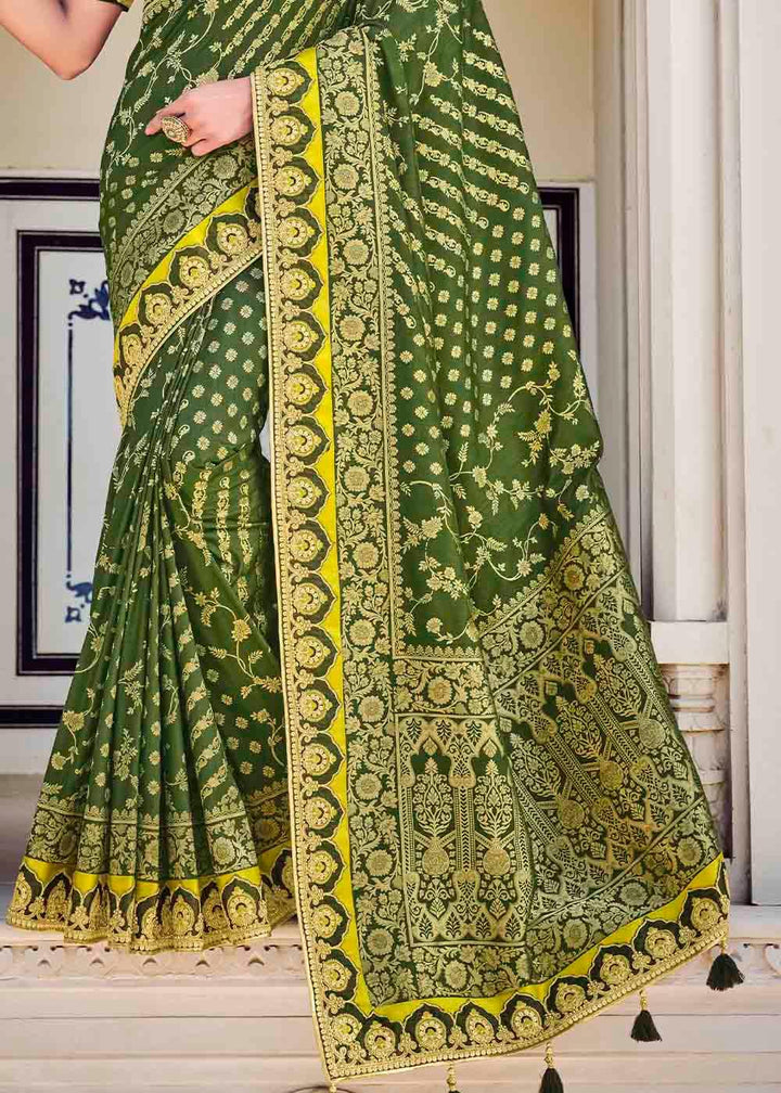 Basil Green Floral Zari Woven Banarasi Silk Saree with Embroidered Blouse | Stitched Blouse - qivii