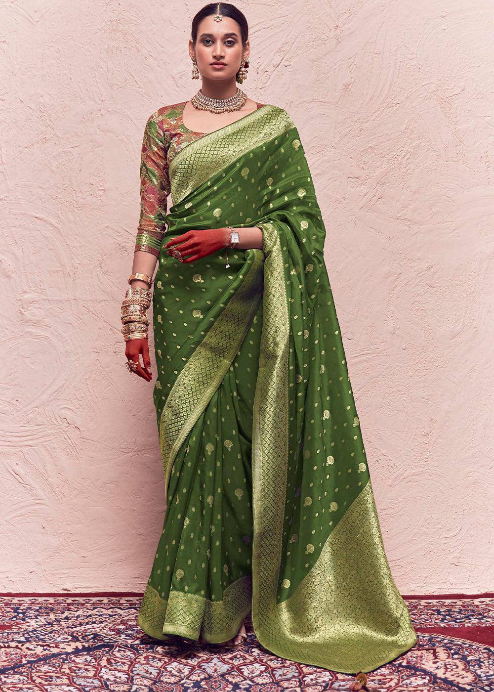 Basil Green Zari Woven Dola Silk Saree With Zari Woven Blouse | Stitched Blouse - qivii