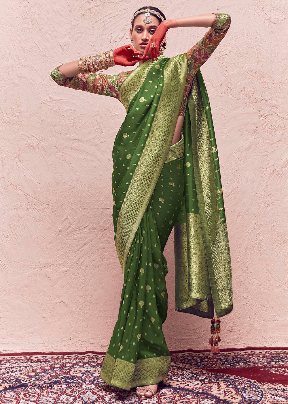 Basil Green Zari Woven Dola Silk Saree With Zari Woven Blouse | Stitched Blouse - qivii