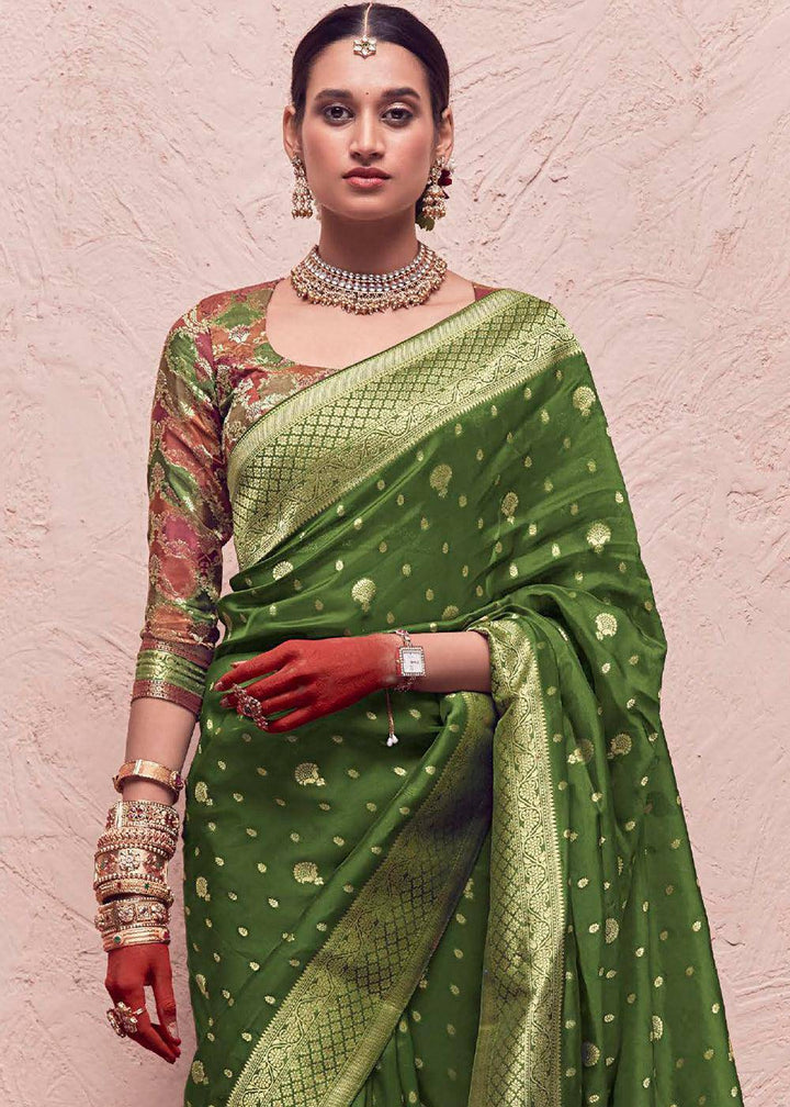 Basil Green Zari Woven Dola Silk Saree With Zari Woven Blouse | Stitched Blouse - qivii