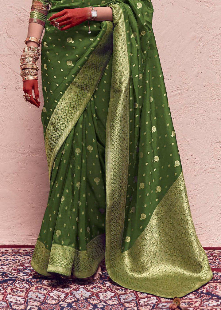 Basil Green Zari Woven Dola Silk Saree With Zari Woven Blouse | Stitched Blouse - qivii