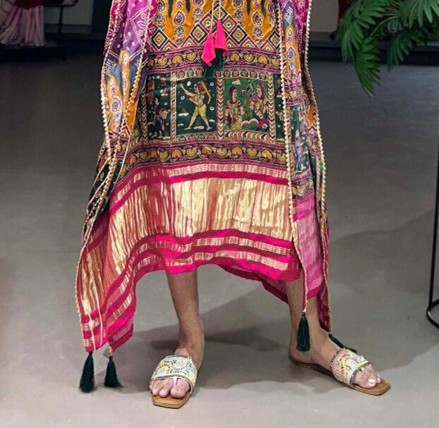 Dark Pink Pure Gaji Silk Digital Print with Gotta Patti Lace Border also comes with tassels Kaftan Dress