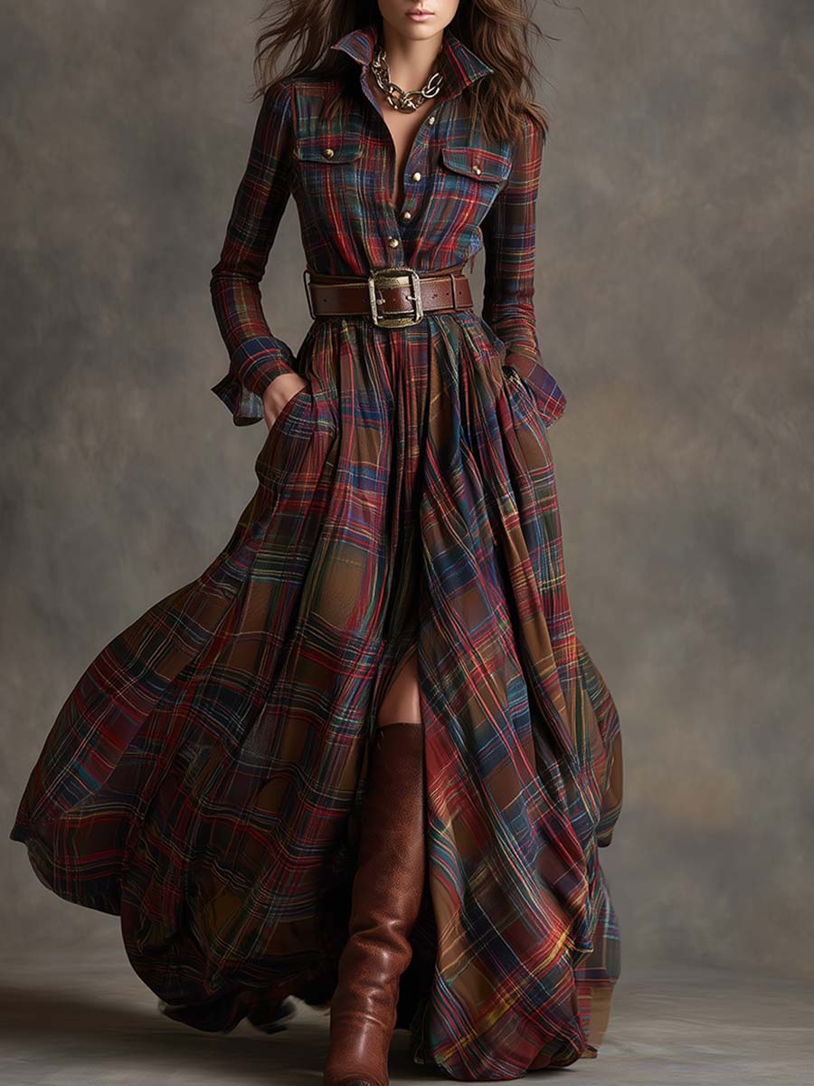 Scarlett | Plaid Maxi Shirt Dress Long Sleeve Belted Dress by Qivii