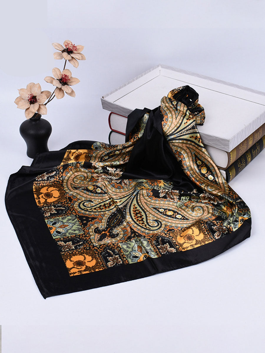 Vintage Bohemian Paisley Print Satin Square Scarf  - By Qivii