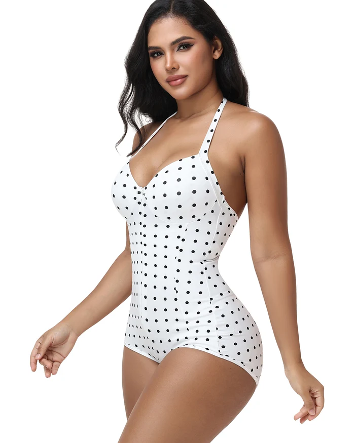 Polka Dot Halter Lace Up Back Zipper Bodysuit
