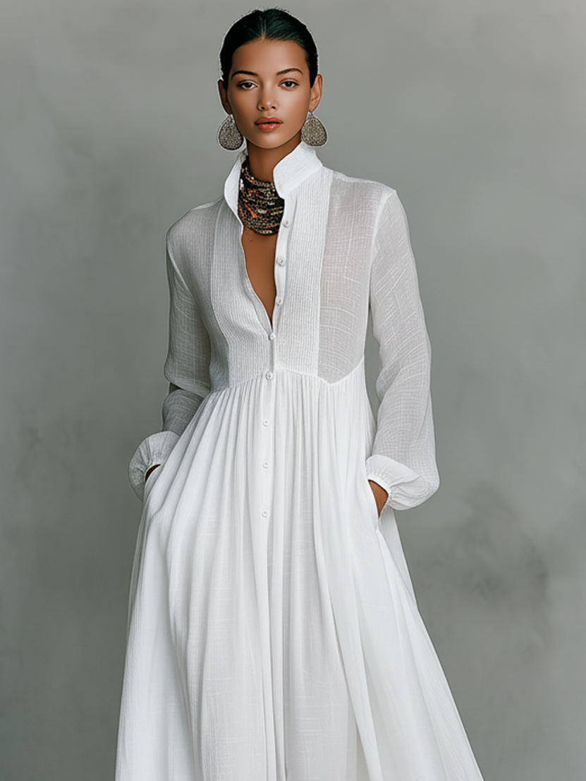 Women's Minimalist Tencel And Linen Patchwork Single-breasted Stand-up Collar Long-sleeved Maxi Dress MDA0658K6Y