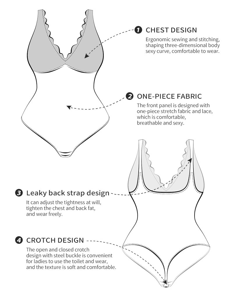 Women’s Sexy Lace Deep V Neck Bodysuit Tummy Control Thong Body Shaper  - By Qivii
