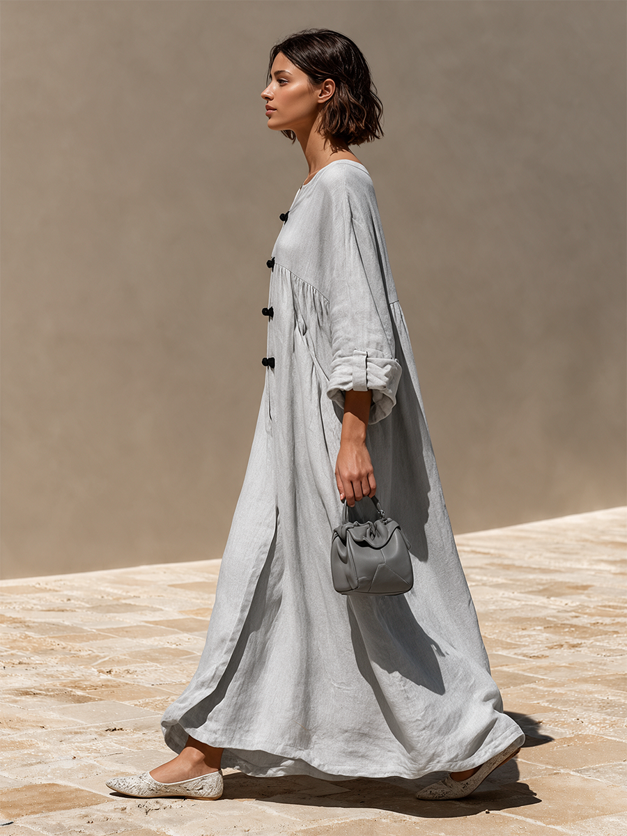 Women's Frog‑Button Linen Resort Maxi Dress MDZ2743H9LYL