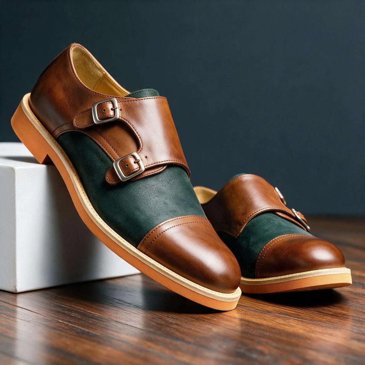 Green men's Beaumont Double Monk Straps loafers by Hudson Ridge, showcasing polished leather with double buckle accents.