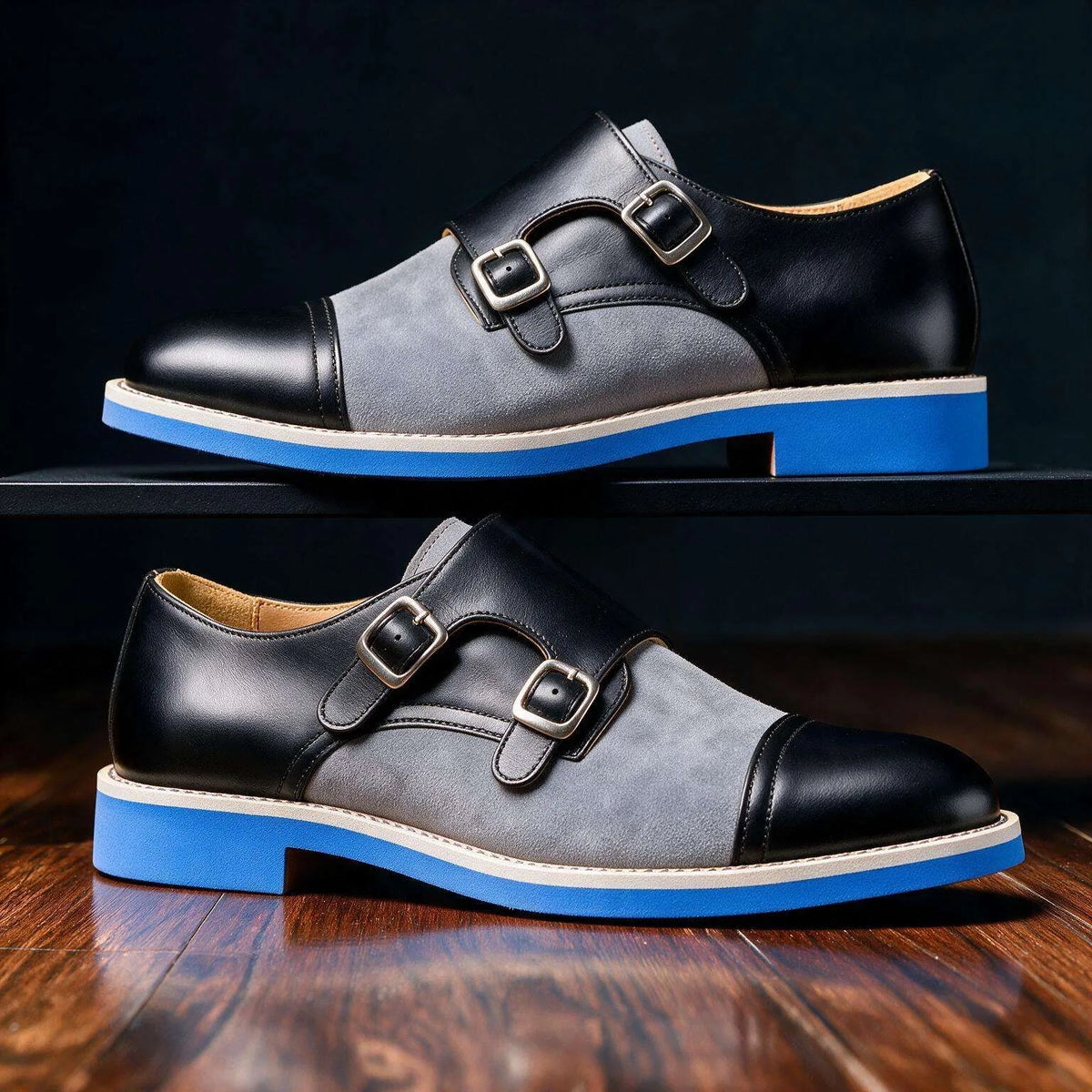 Men's Hudson Ridge Beaumont Double Monk Straps loafers in black leather with brogue detailing and double buckle closures.