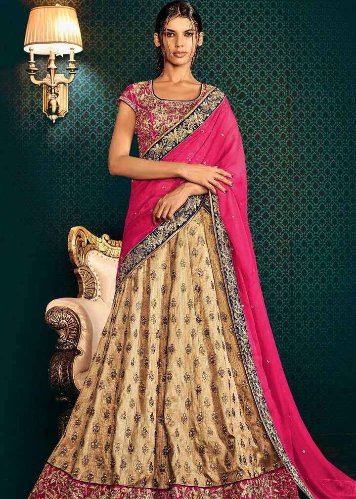 Beige Bhagalpuri Silk Lehenga with all over Bootis Embroidery and Heavy Border - qivii