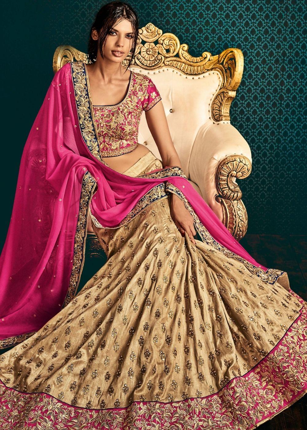 Beige Bhagalpuri Silk Lehenga with all over Bootis Embroidery and Heavy Border - qivii